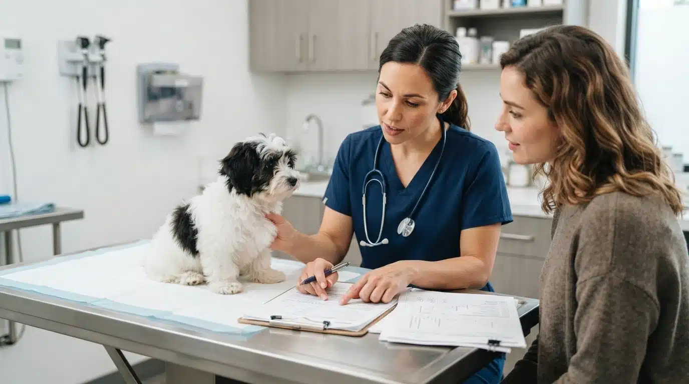 Veterinarian reviews puppy health records on exam table