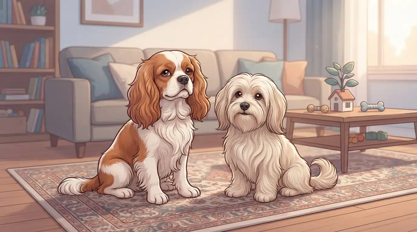 Cavalier and Havanese puppies resting together