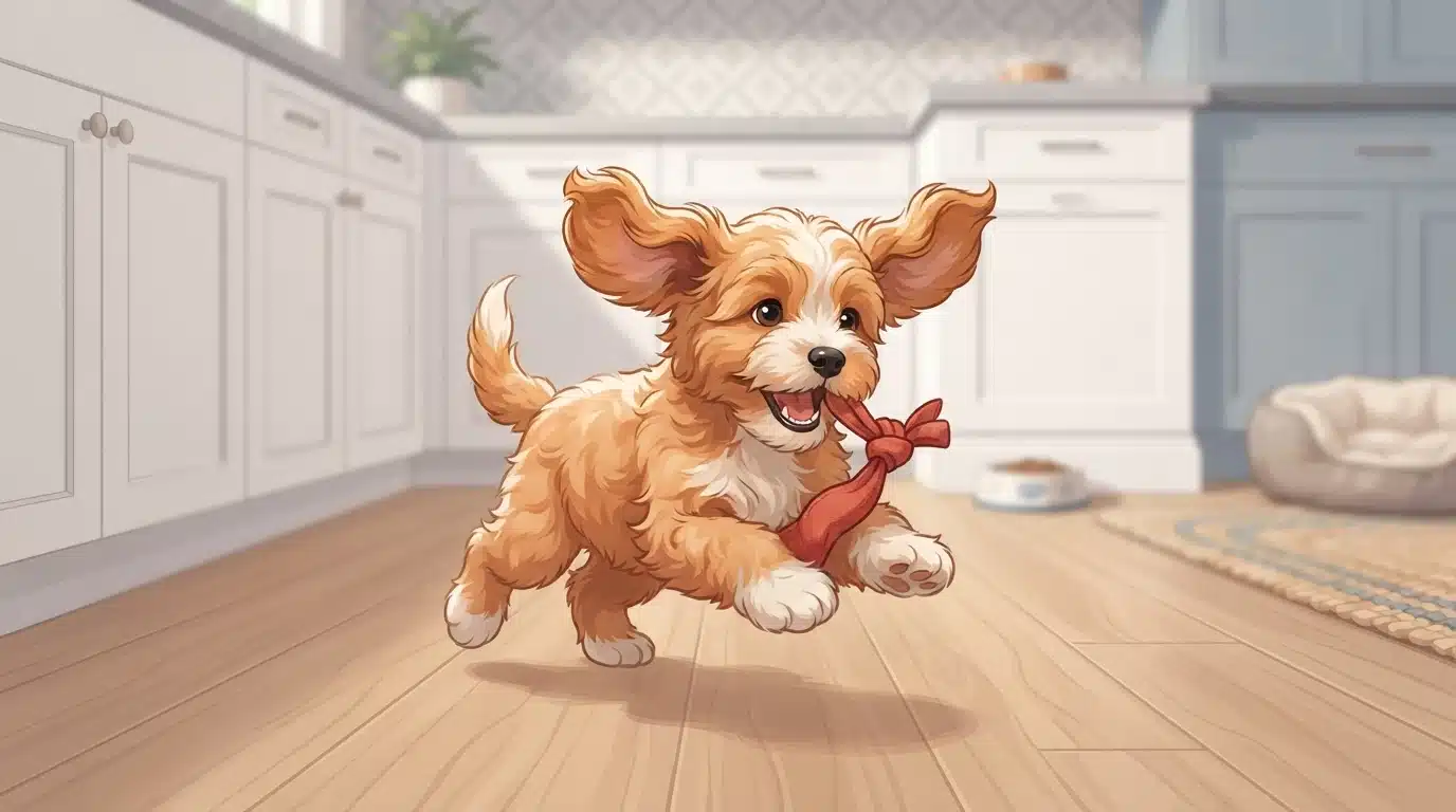 Cavapoo puppy playing with a toy