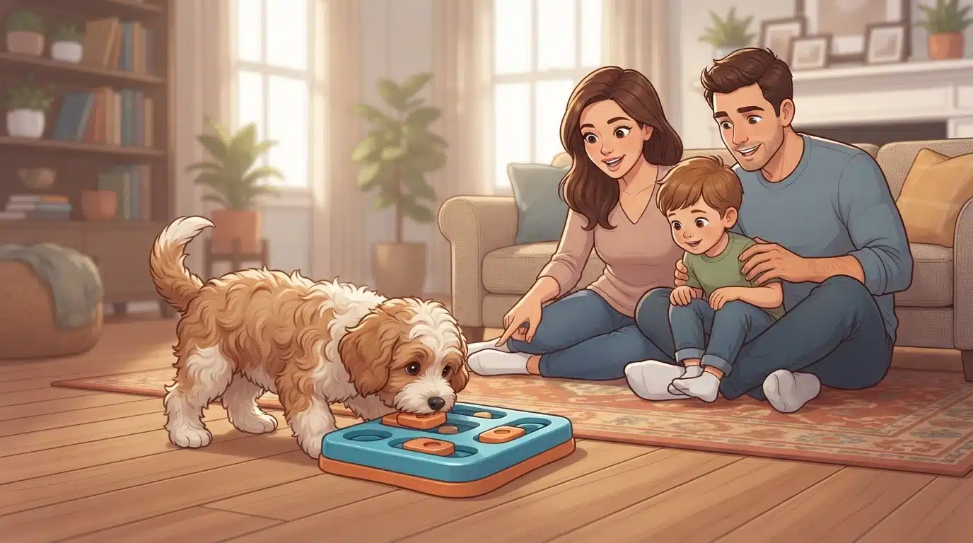 Havapoo puppy solving a treat puzzle toy