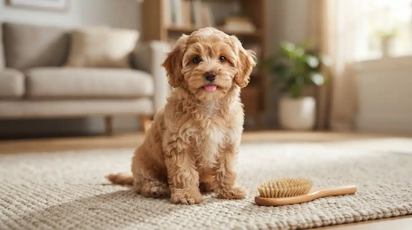 Wavy-coated Havapoo puppy beside a brush