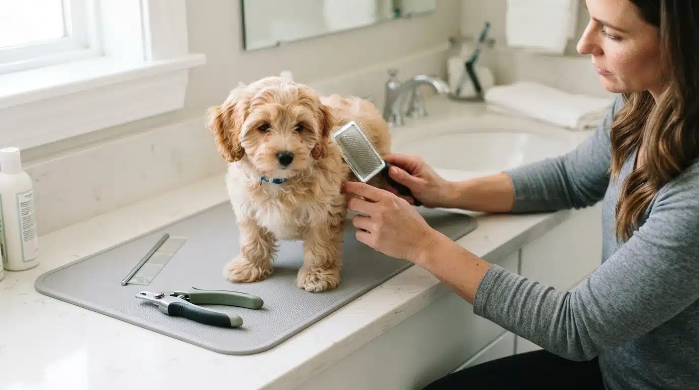 Person brushing a wavy Havapoo puppy on a bathroom counter