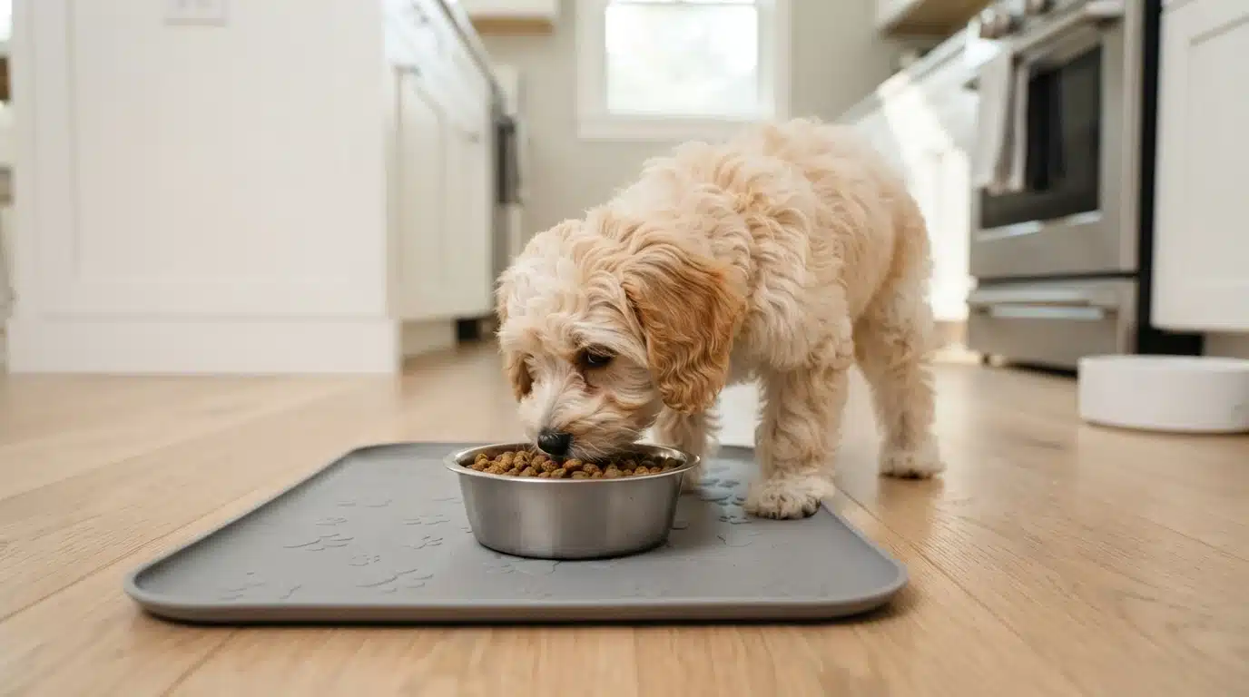 Havapoo puppy eating from a stainless steel bowl