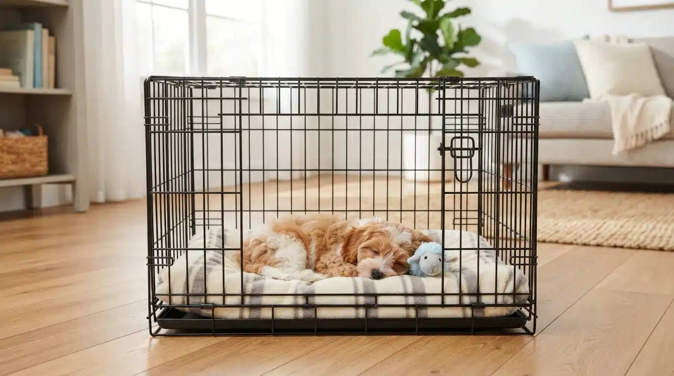 Havapoo puppy resting in wire crate