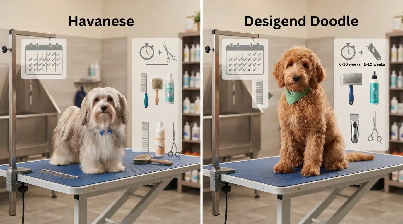 Grooming tools arranged beside two small dogs