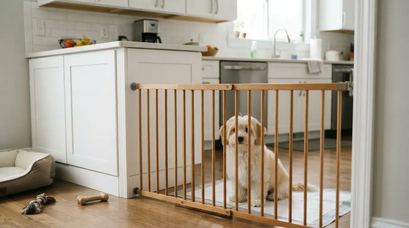 Havanese puppy behind a baby gate in kitchen