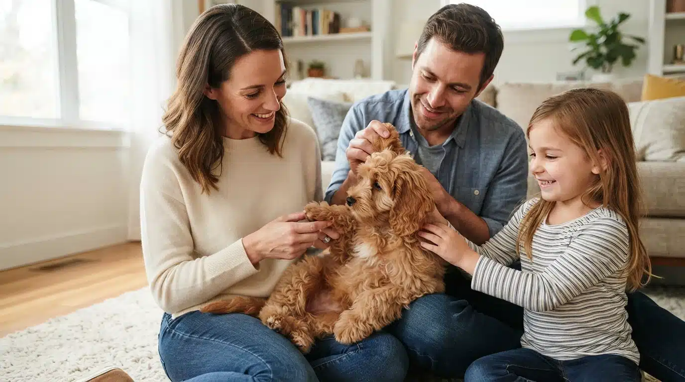 Family gently handling a Cavapoo puppy's paws and ears