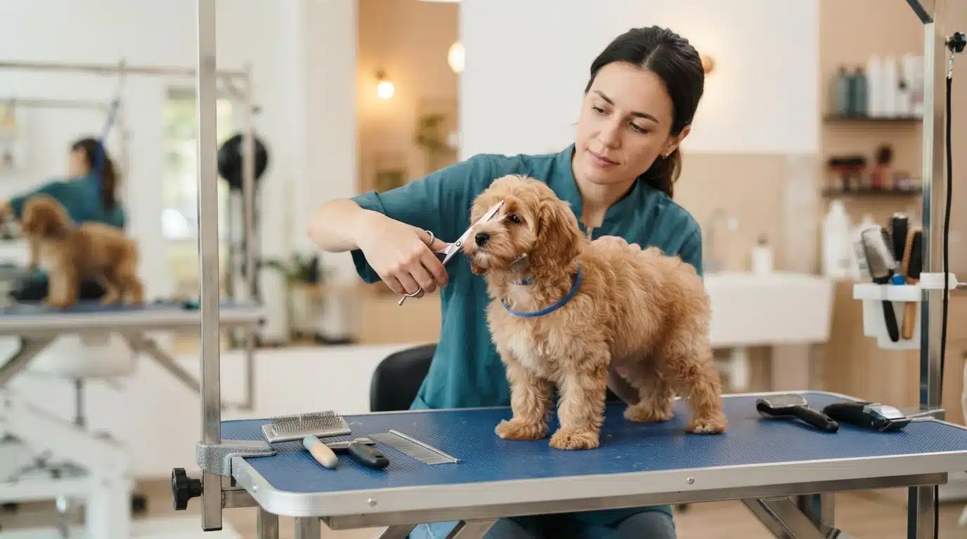 Groomer gently trimming a Cavapoo puppy’s face