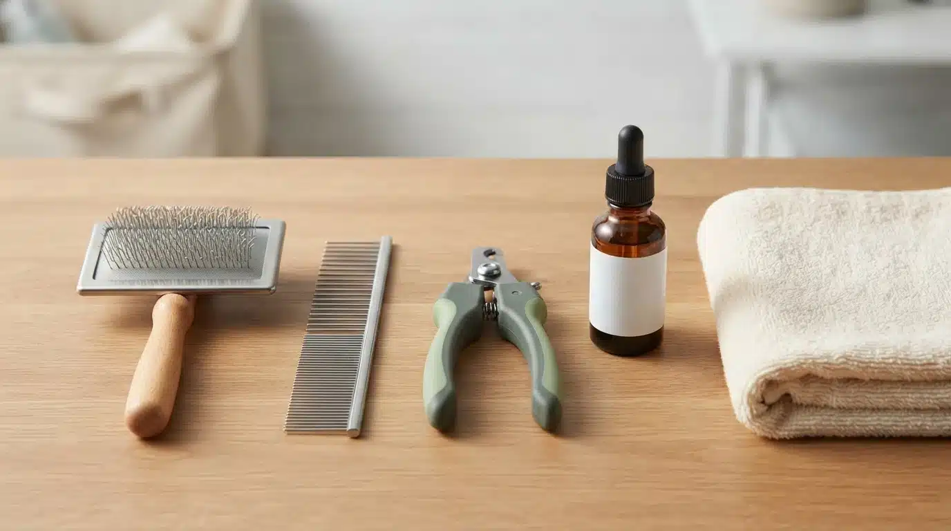 Cavapoo grooming tools arranged on wood