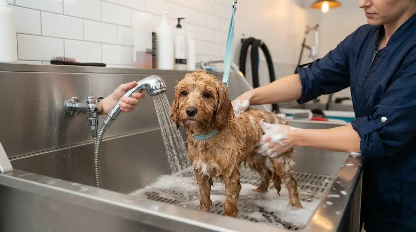 Cavapoo puppy bathed in utility sink