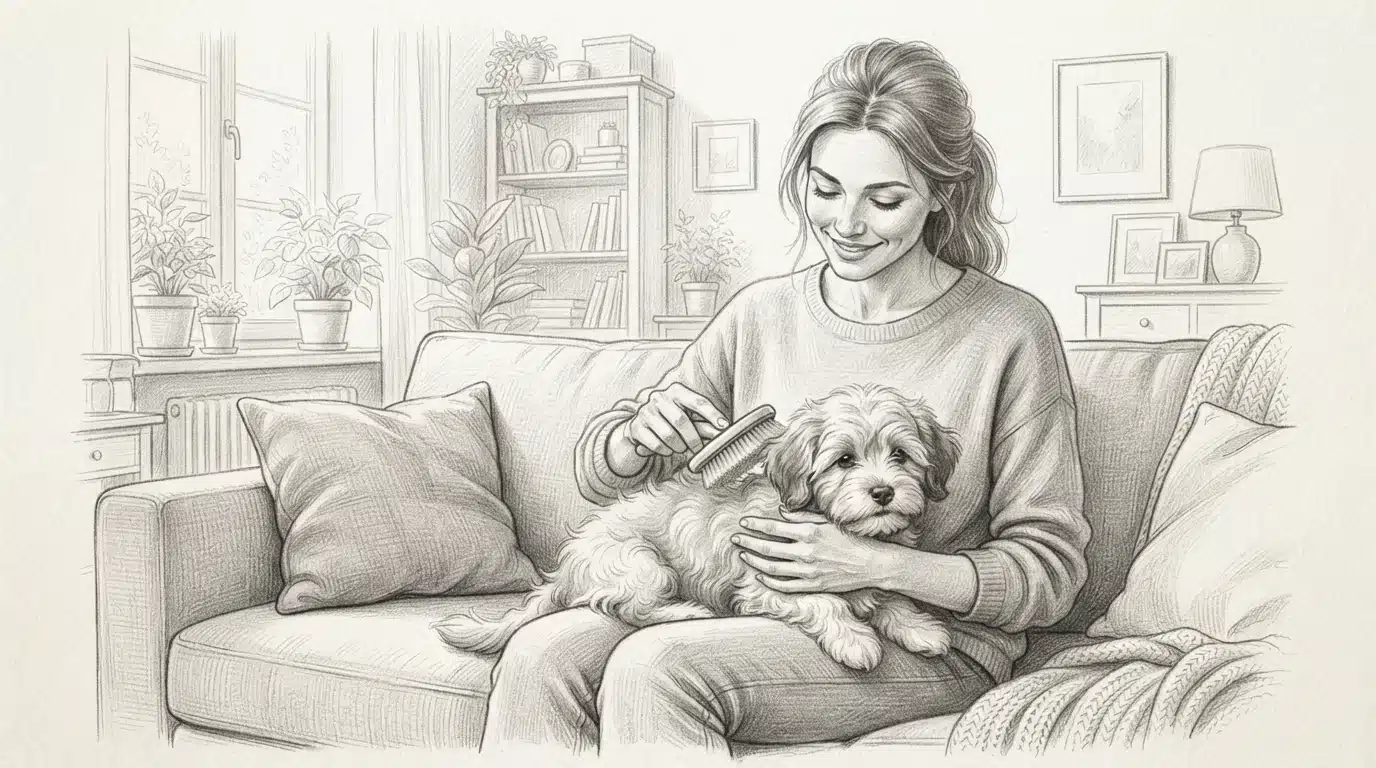 Woman brushing a fluffy Havanese puppy on a sofa