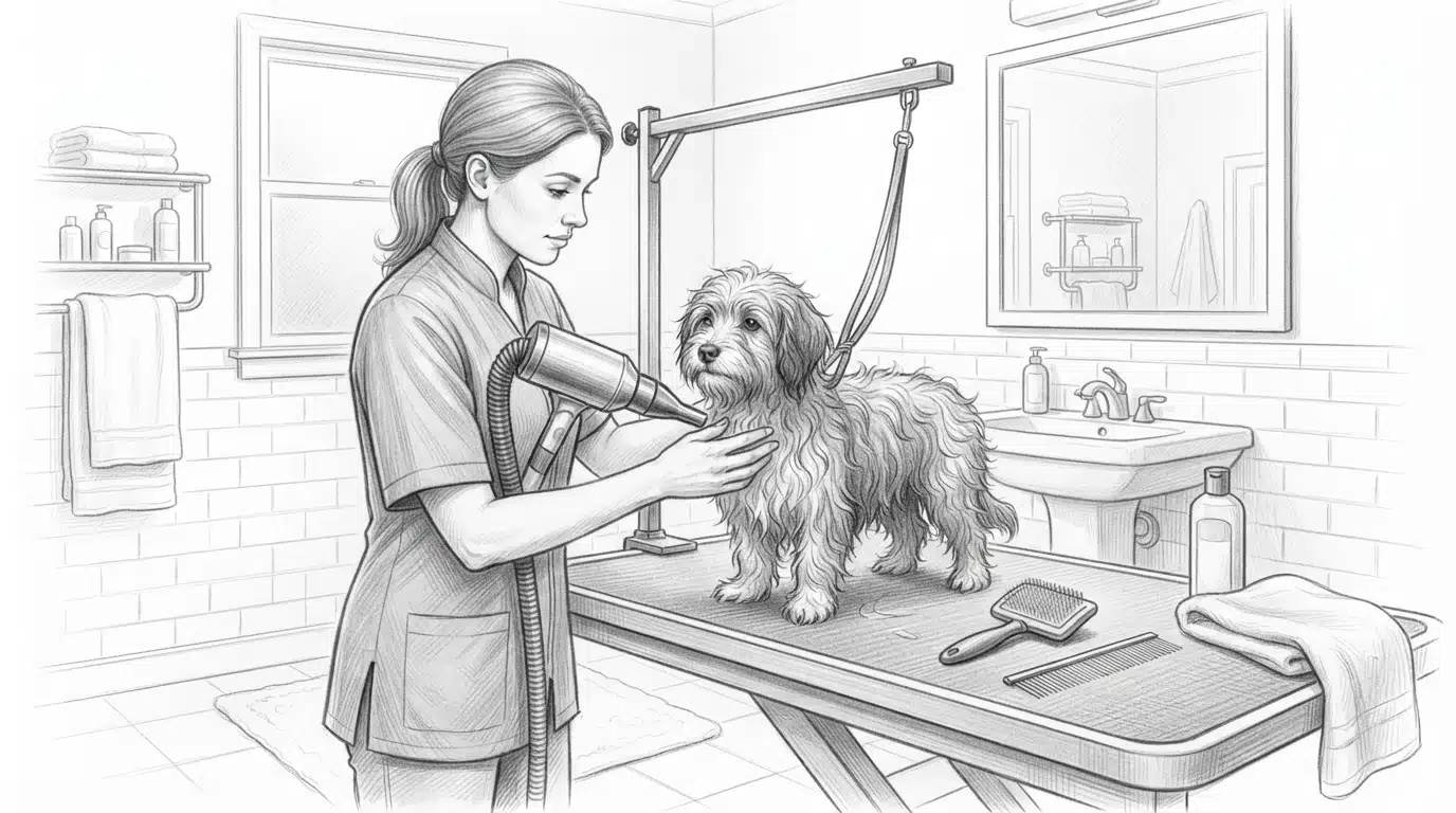 Groomer blow-drying a freshly bathed Havanese puppy