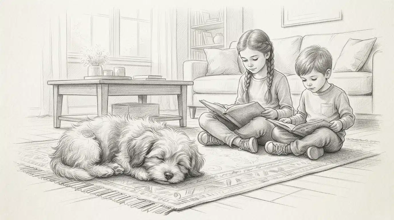Havanese puppy resting calmly beside children reading