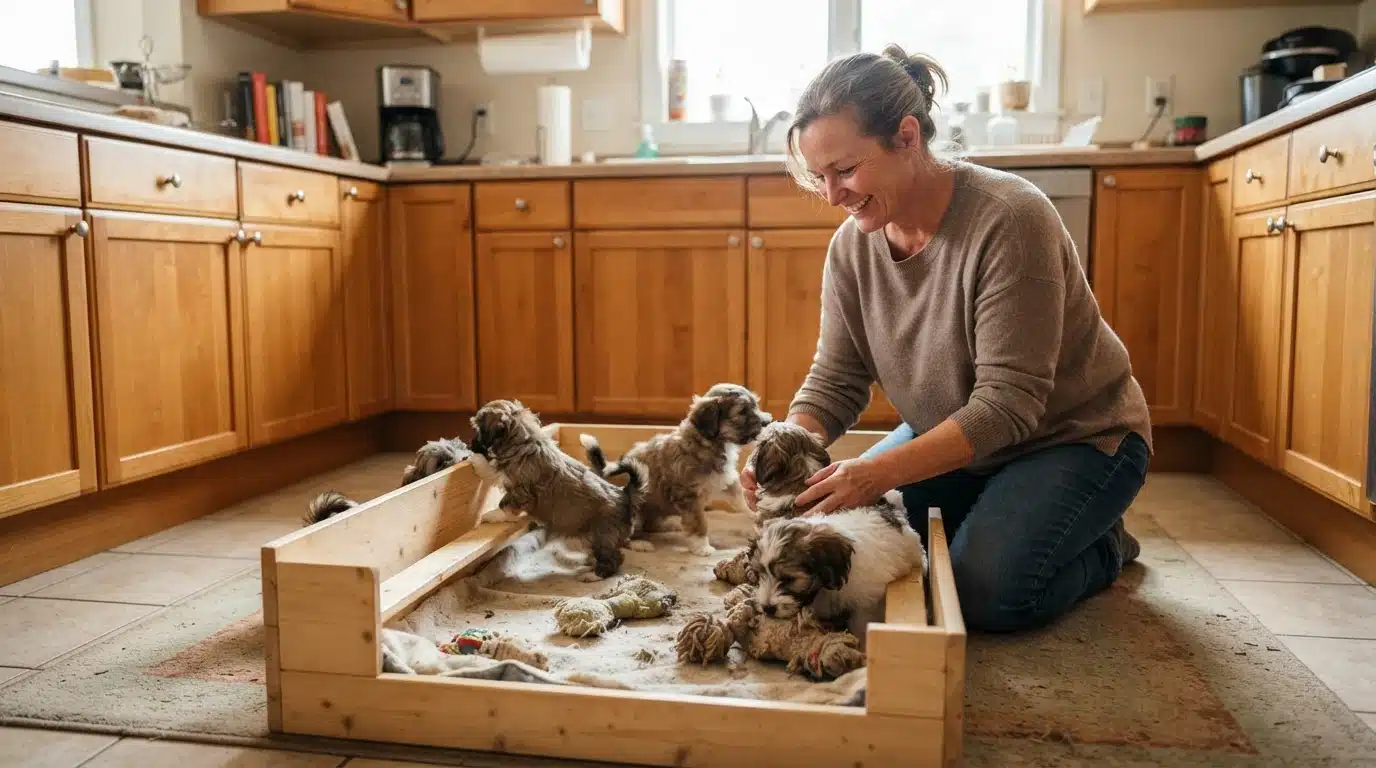 Breeder kneeling beside puppy whelping box in kitchen