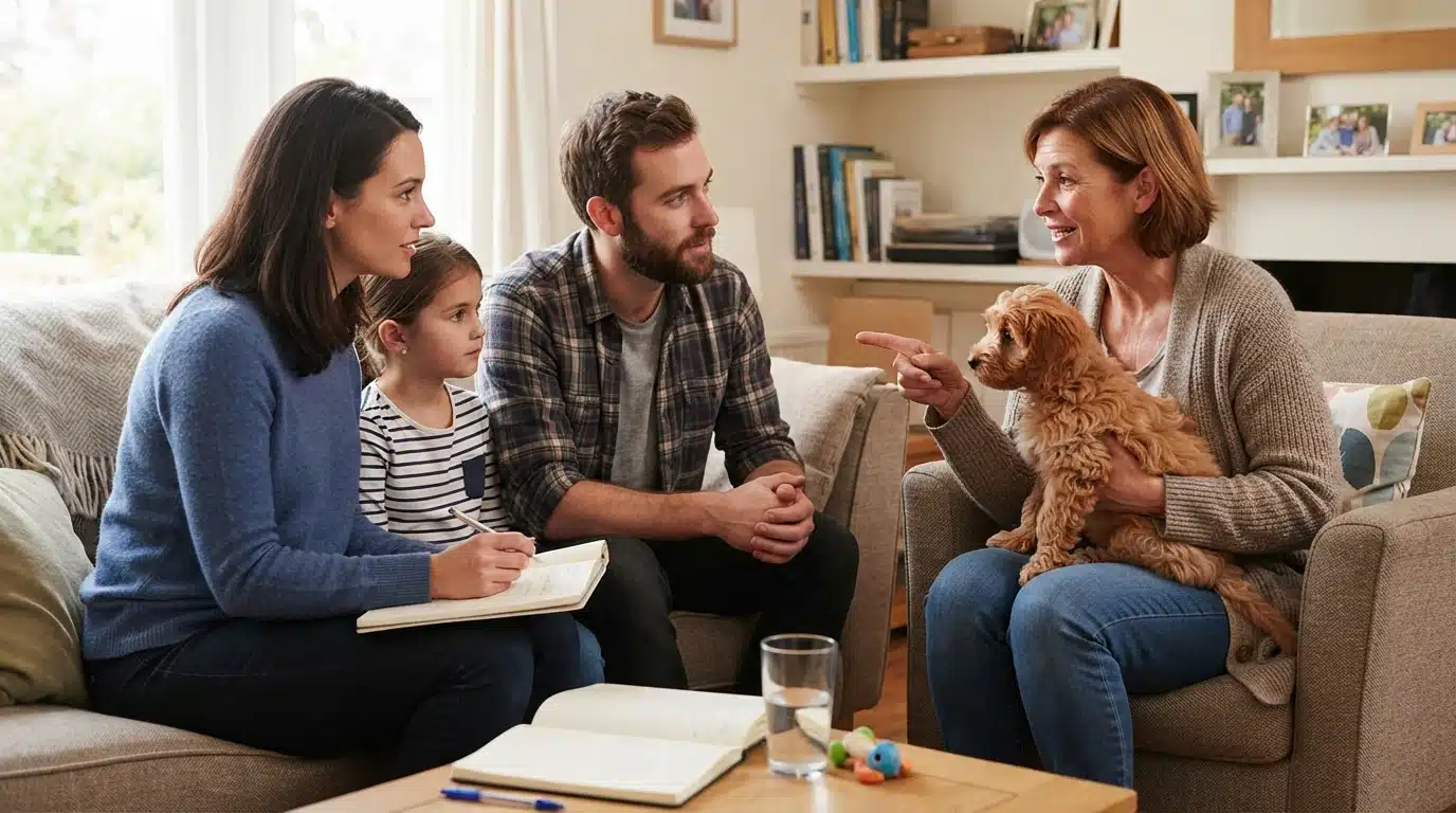 Family Questions Breeder With Puppy