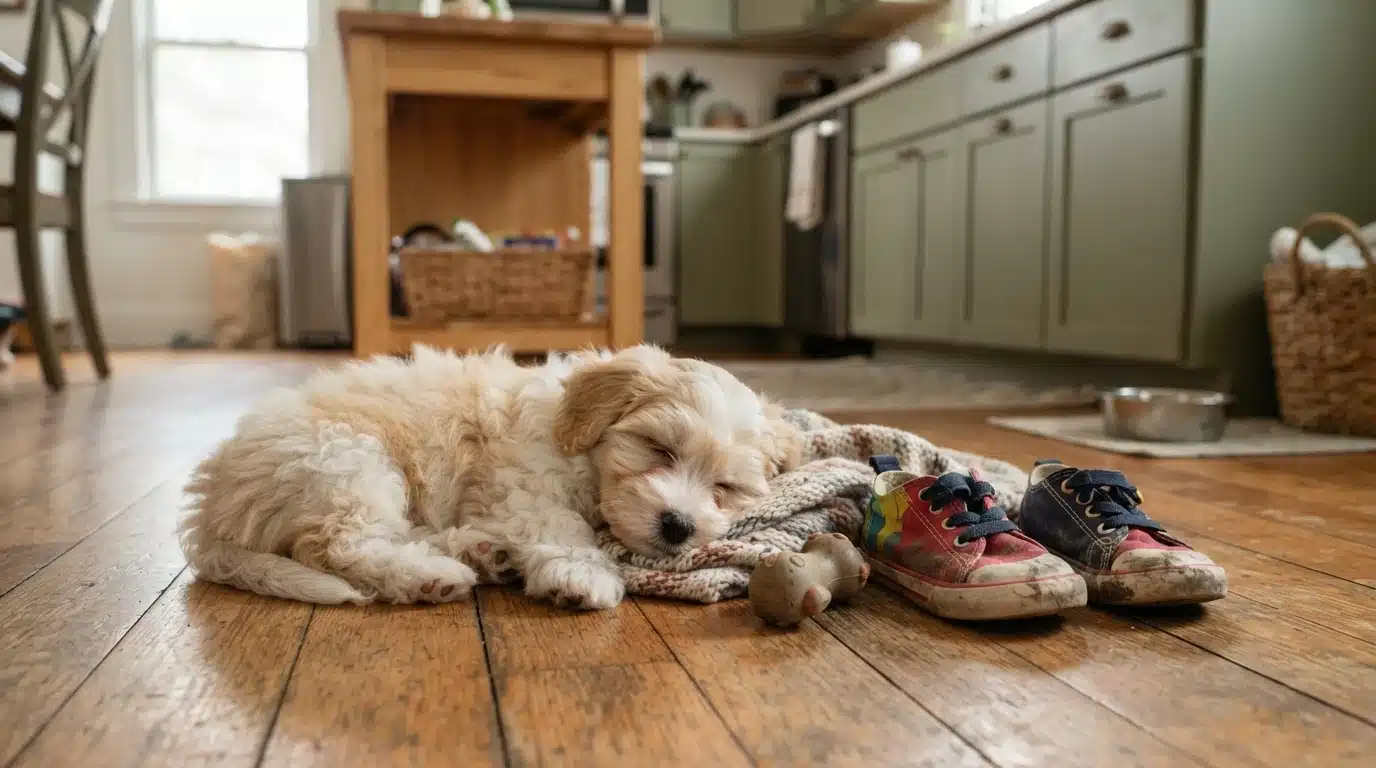 Havanese puppy napping by children’s shoes