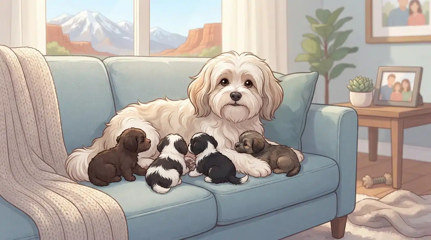 Havanese puppies nursing with their mother on a sofa