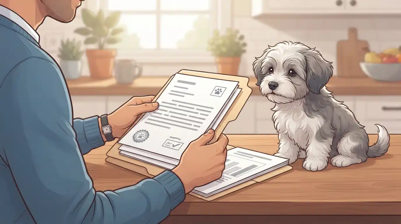 Buyer reviews puppy paperwork with Havanese nearby