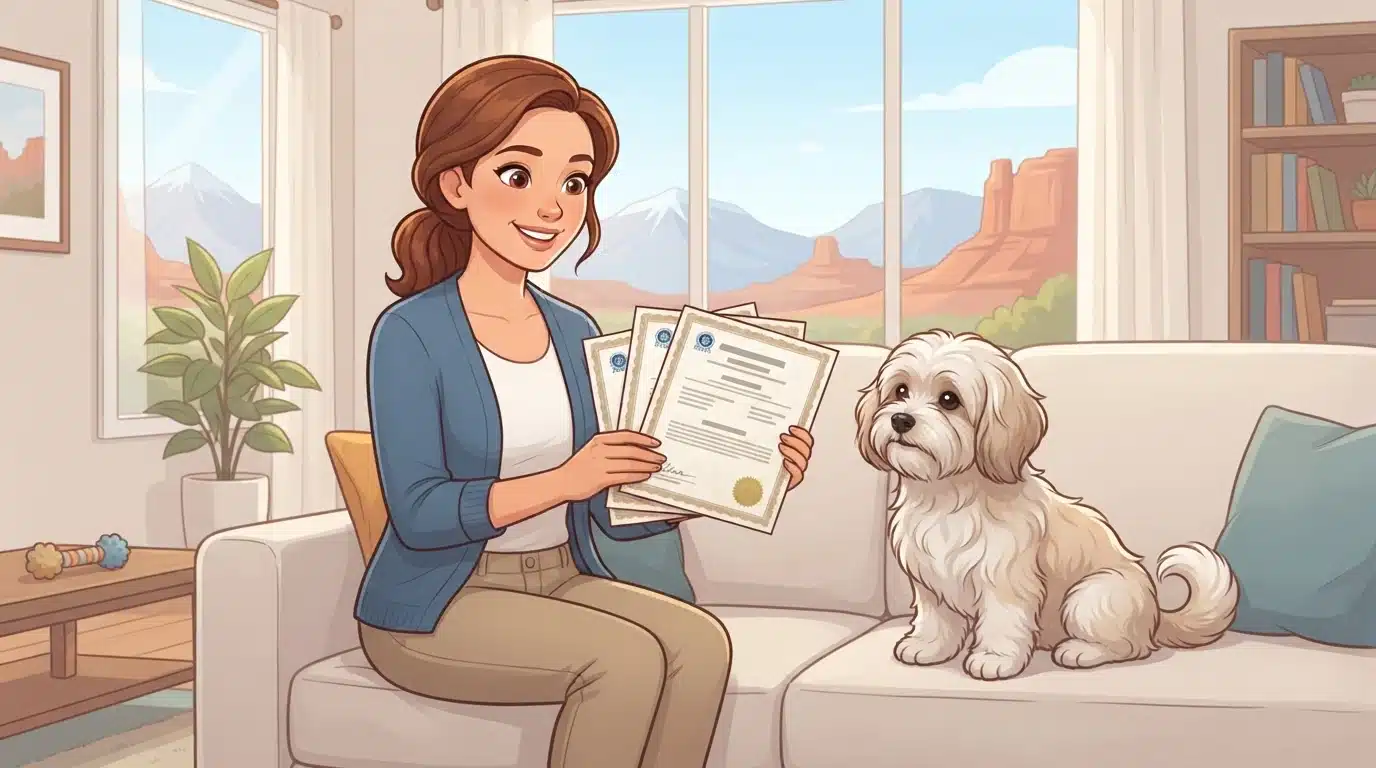 Breeder holds OFA certificates beside Havanese parent