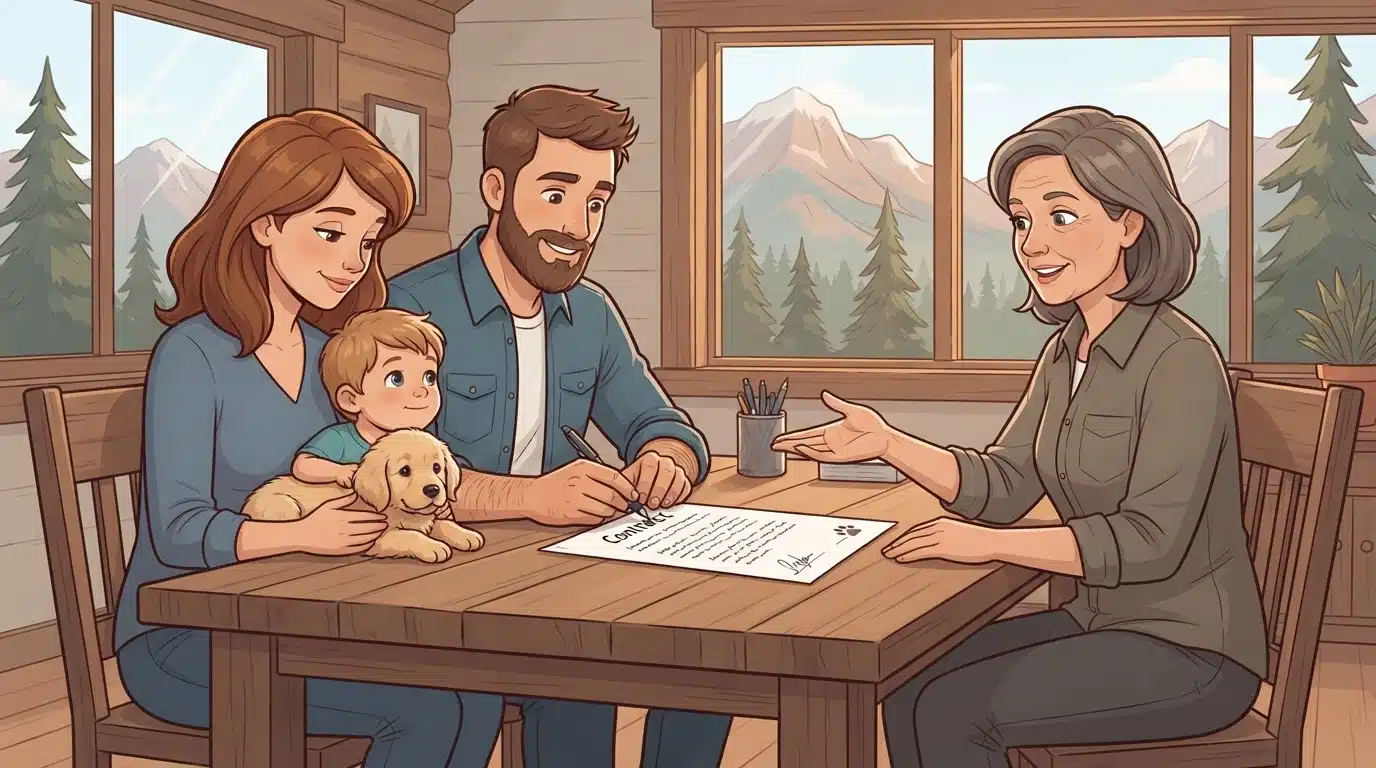 Utah family reviewing puppy contract with breeder