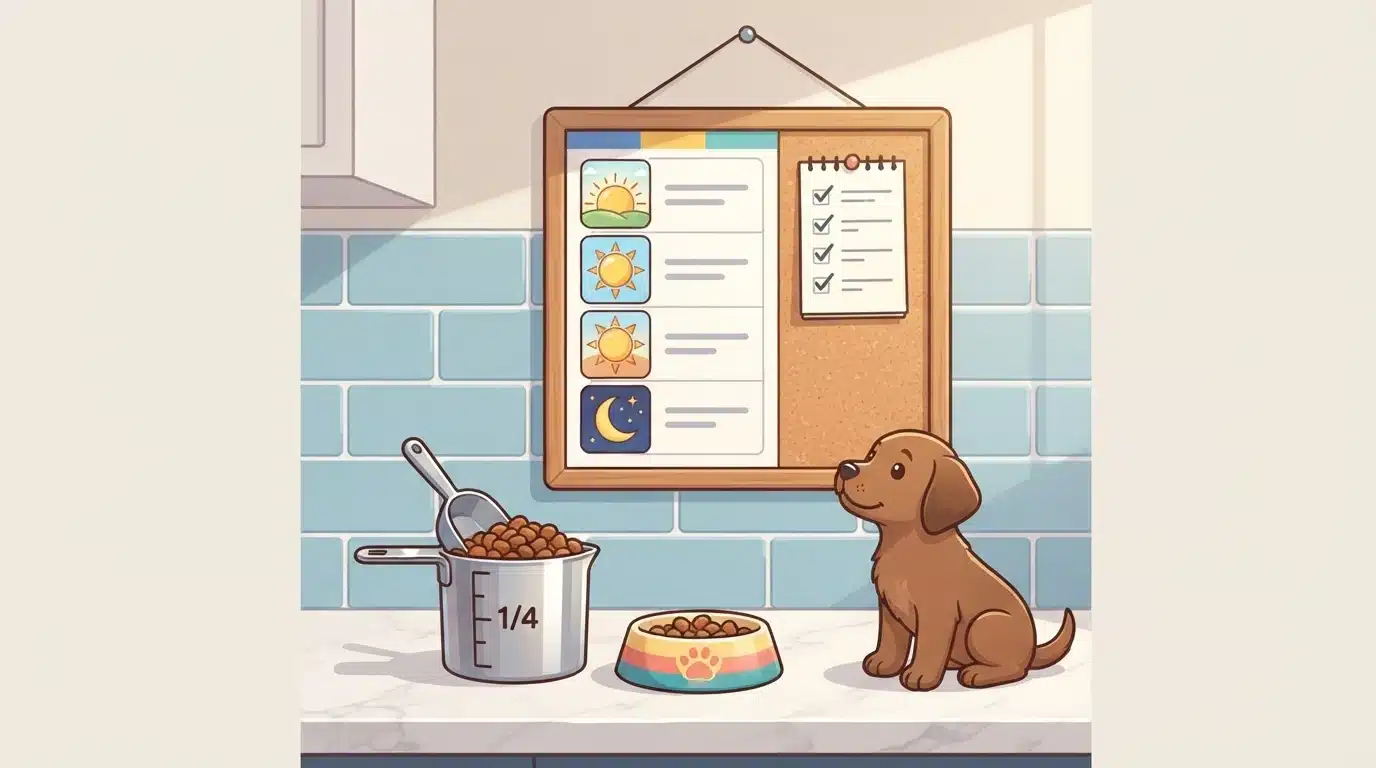 Calendar, measuring cup, and puppy kibble
