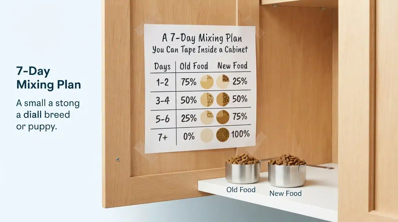 Handwritten-style 7-day puppy food mixing chart taped to cabinet