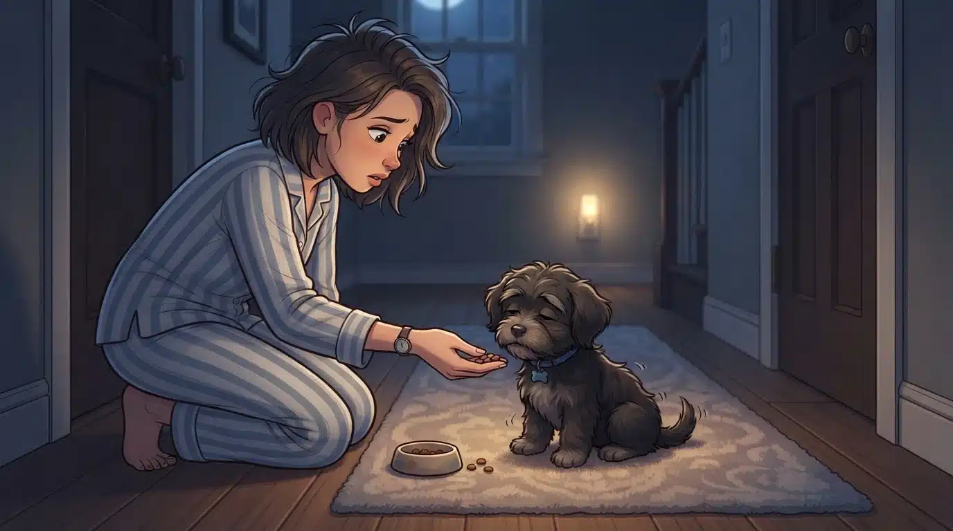 Owner offering kibble to sleepy Havanese puppy