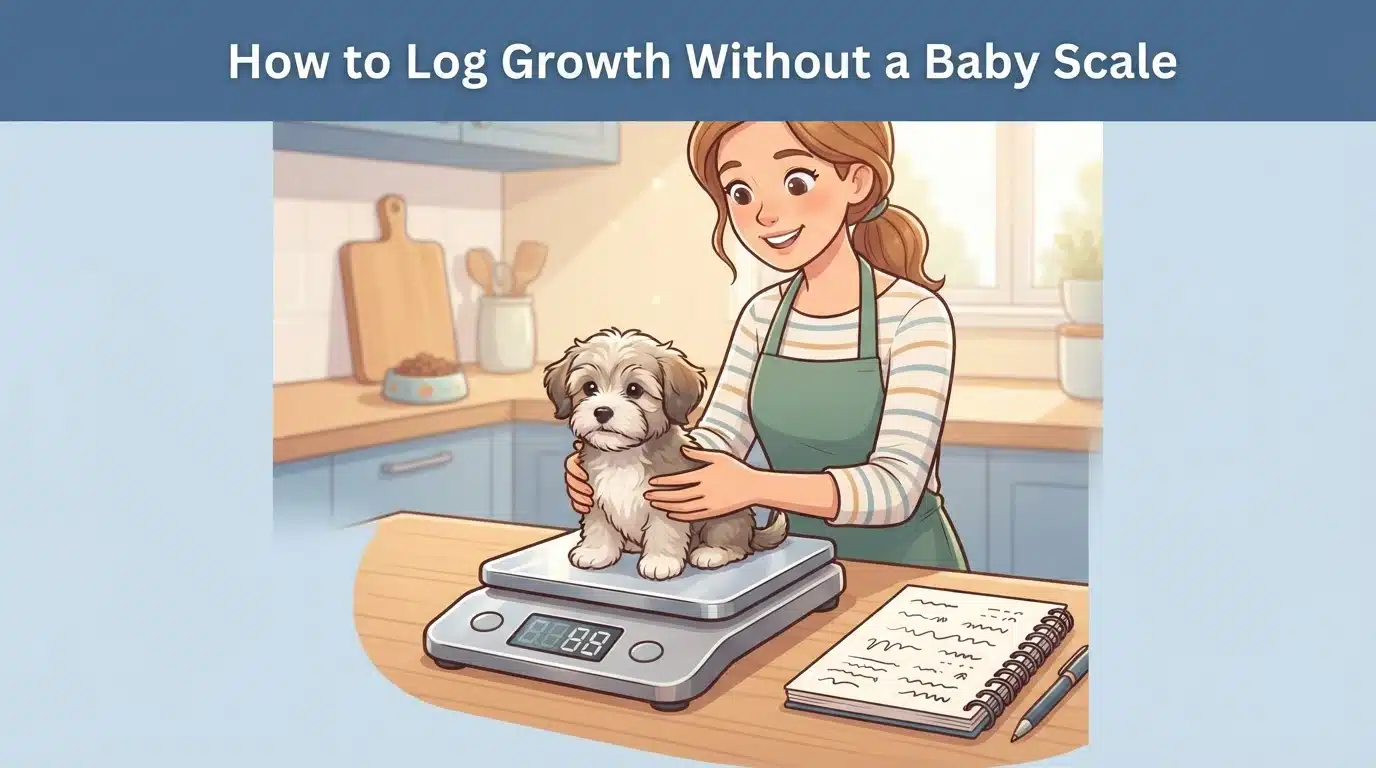 Owner weighing a tiny puppy on a kitchen scale