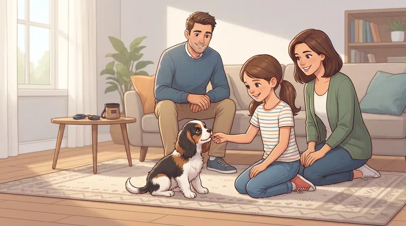 Family rewards small fluffy puppy with treat