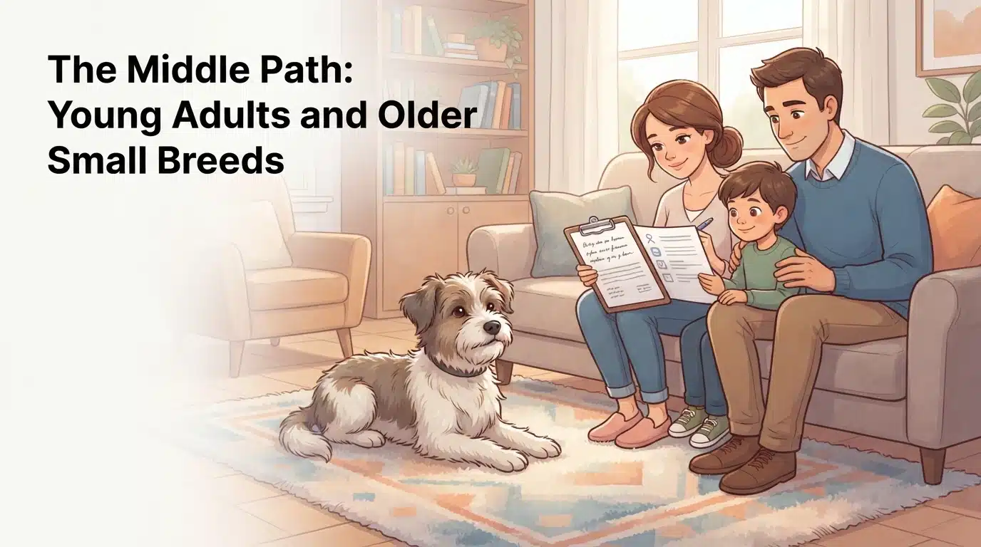Young adult small dog resting beside adoption paperwork