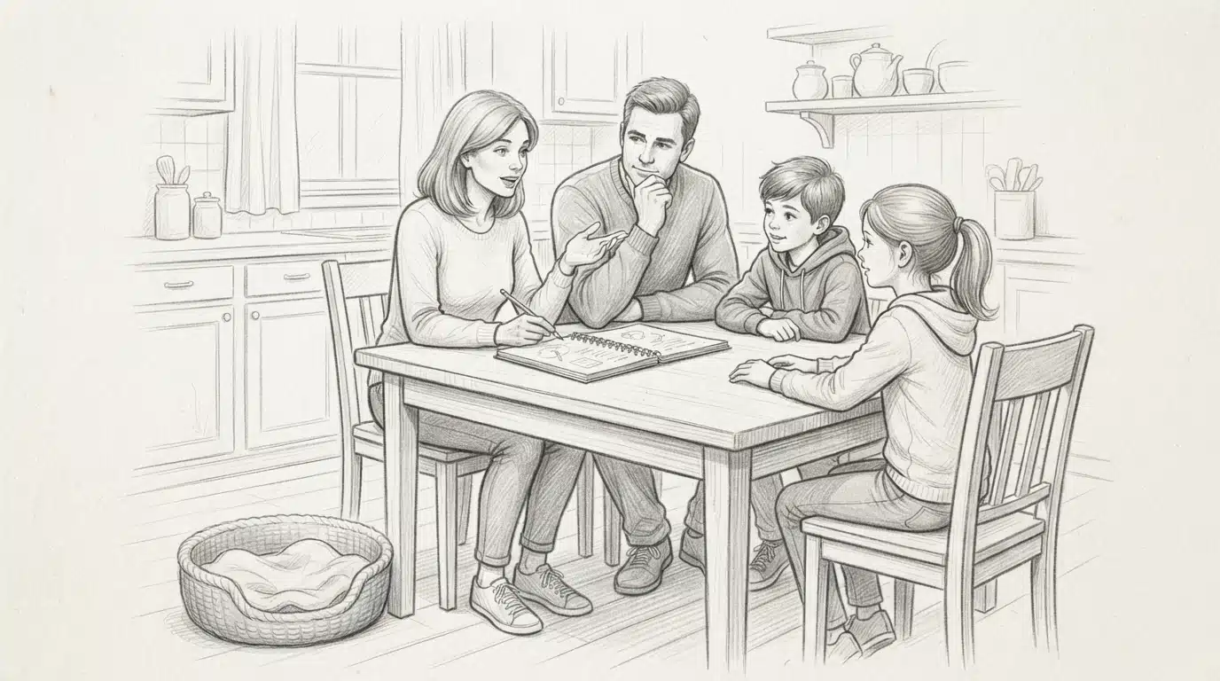 Family discussing pet plans at a kitchen table
