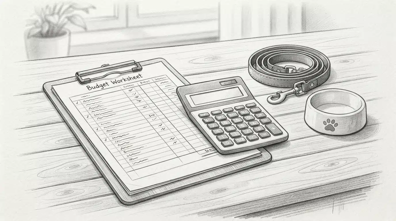 Pencil sketch of budget clipboard with calculator, leash, and small dog bowl