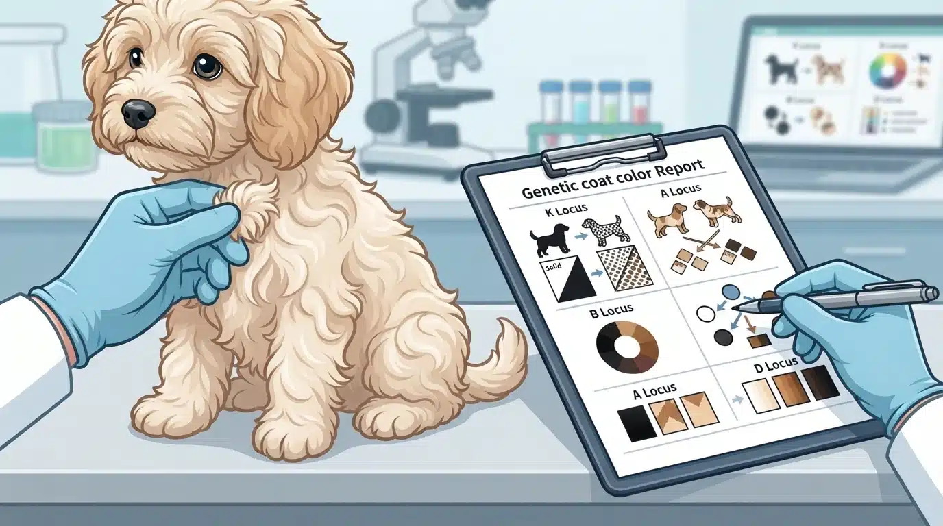Cream Havapoo puppy beside a genetic coat report