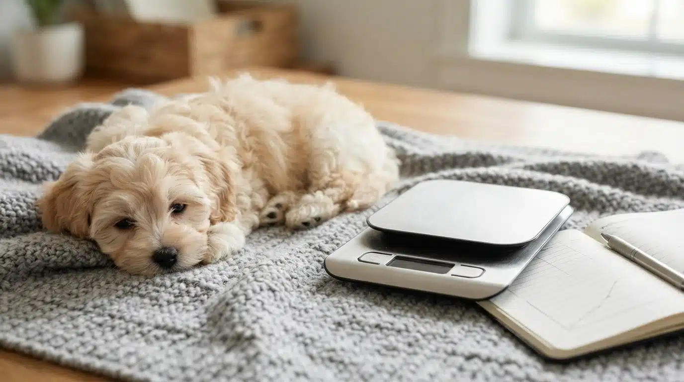 Small Havapoo puppy on blanket by scale