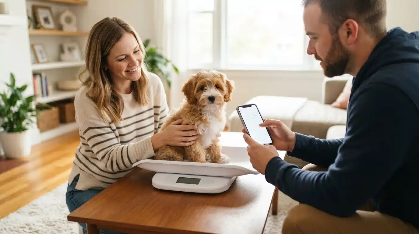 Family weighing fluffy puppy on a baby scale