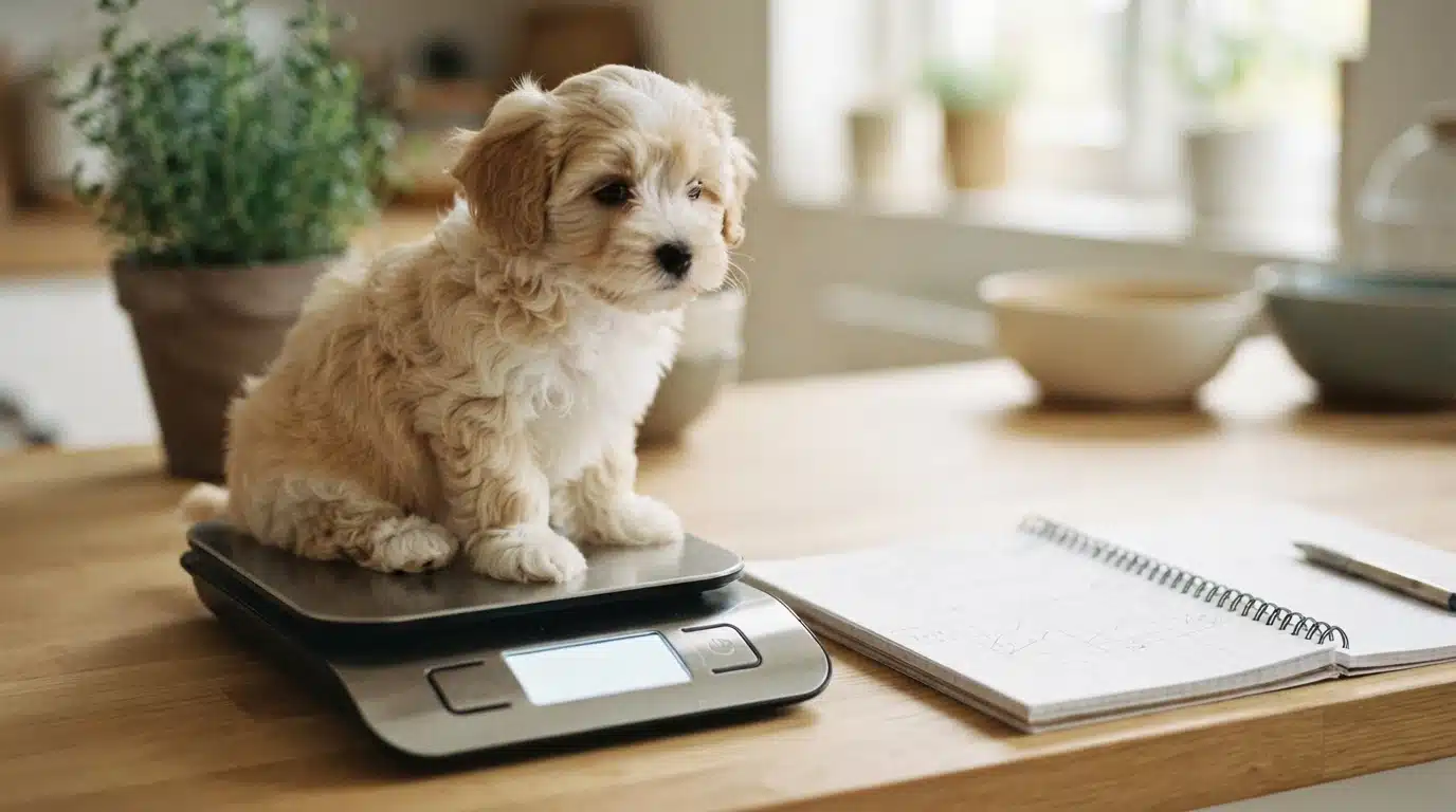 Havanese puppy on kitchen scale beside weight notebook