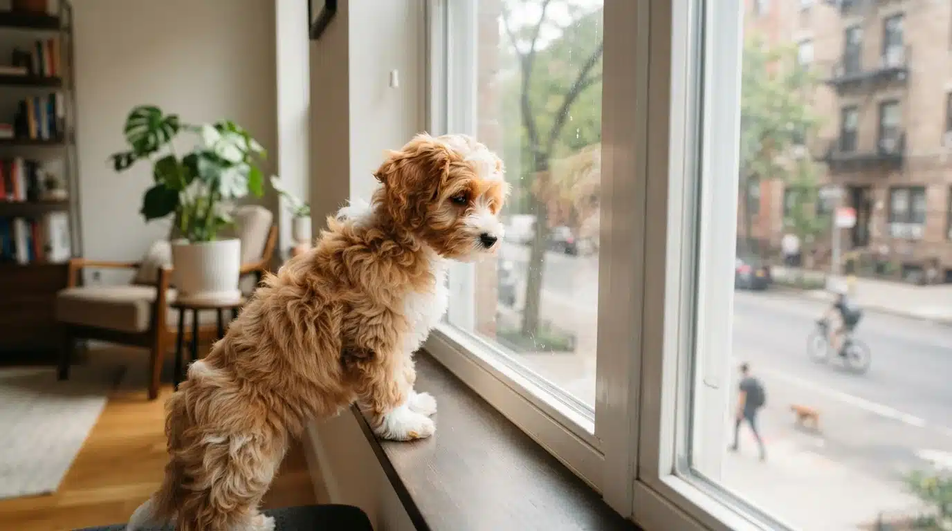 Havapoo puppy alert at sunlit window