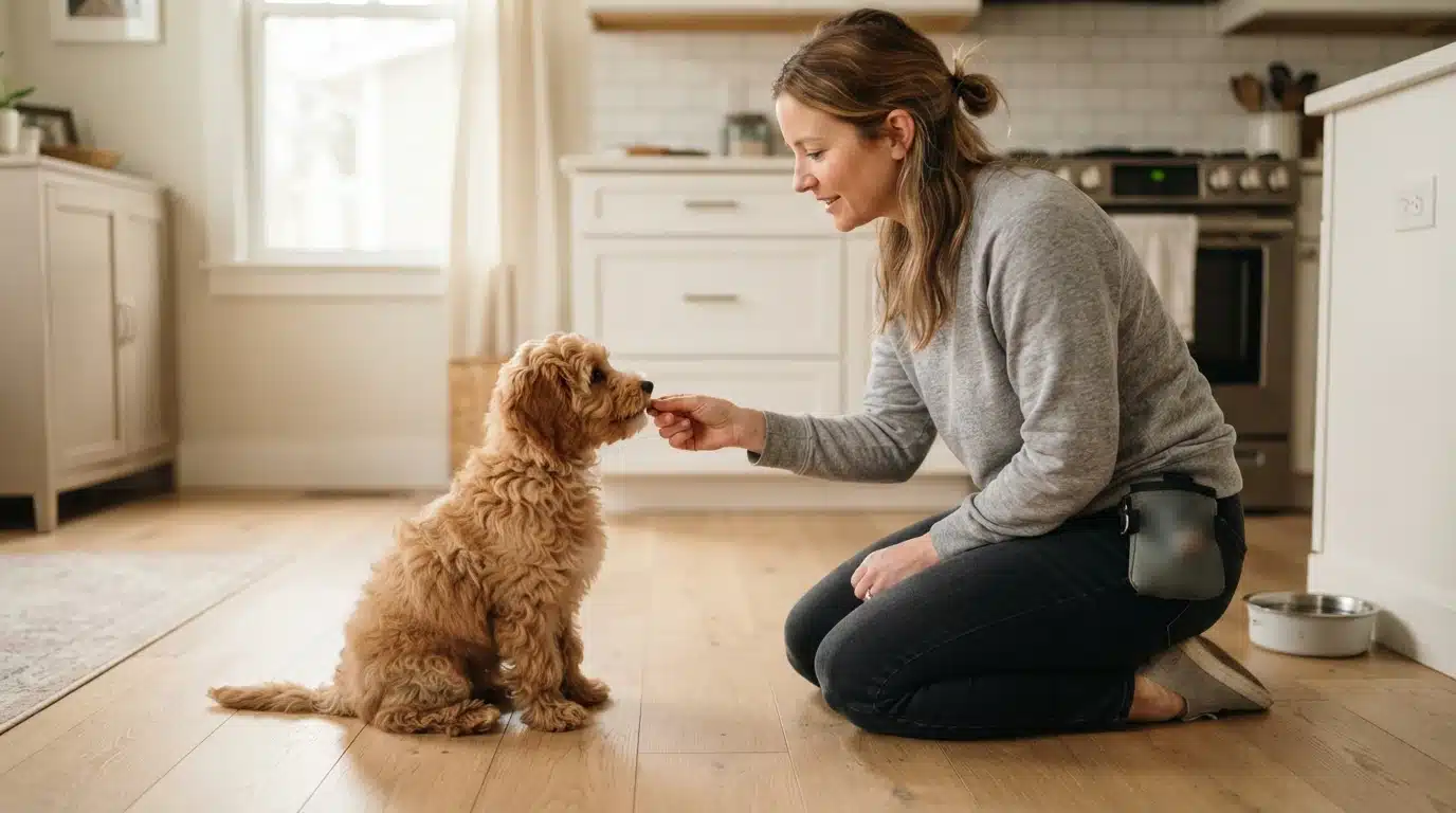 Owner rewards a seated Havapoo puppy for quiet training