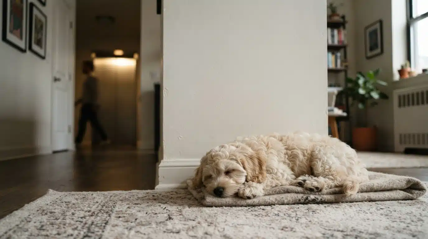 A calm Havapoo puppy resting beside an apartment wall