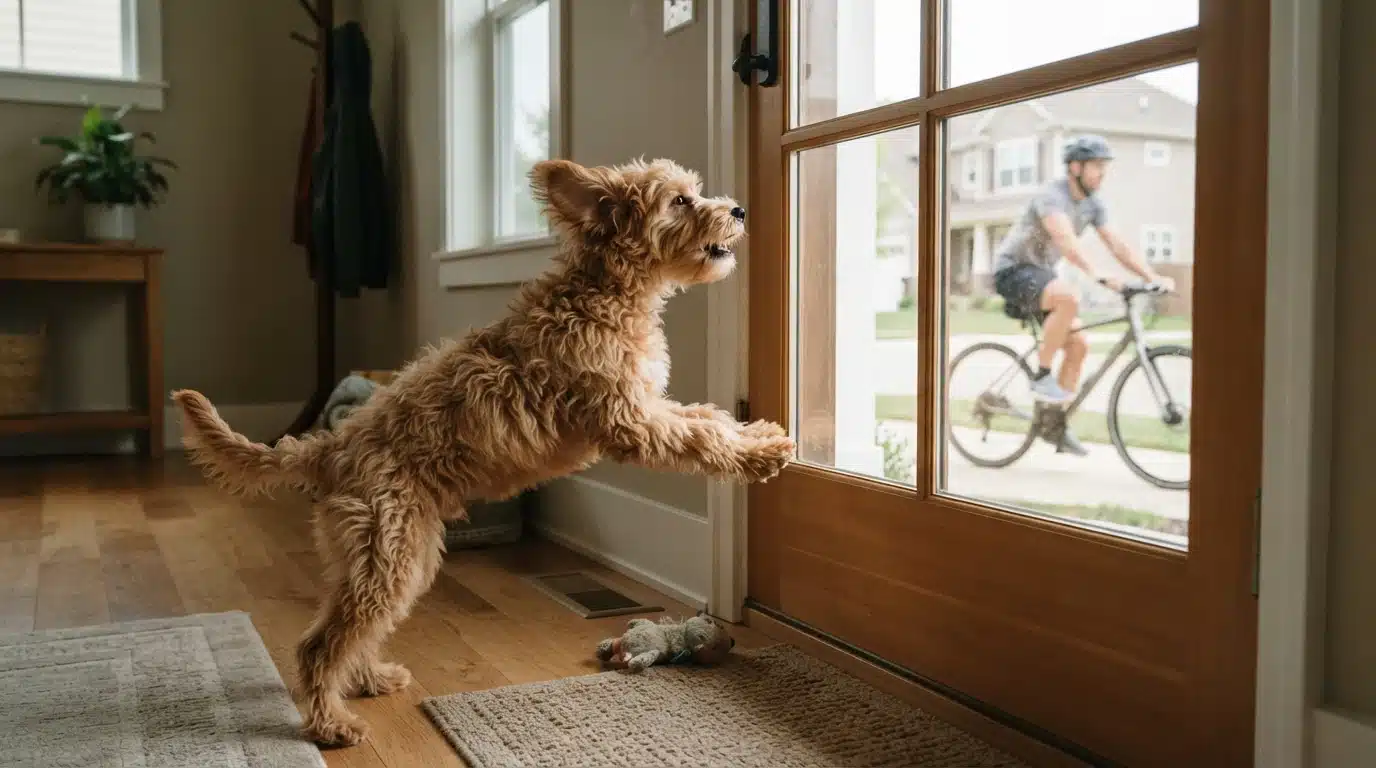 Adolescent Havapoo alerts at a suburban doorway