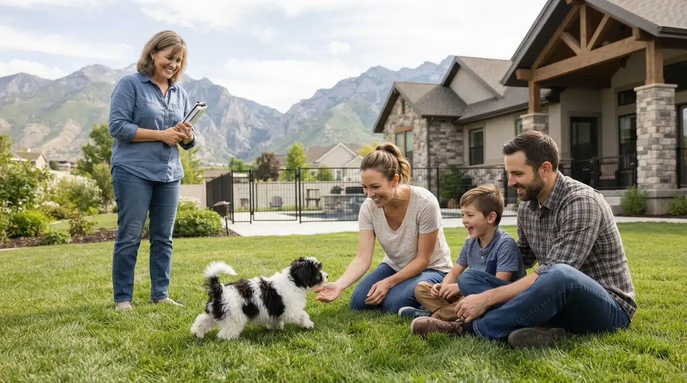 Family greets a Havanese puppy outside a Utah home
