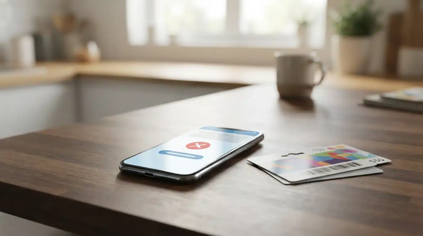 Smartphone showing payment request beside a gift card
