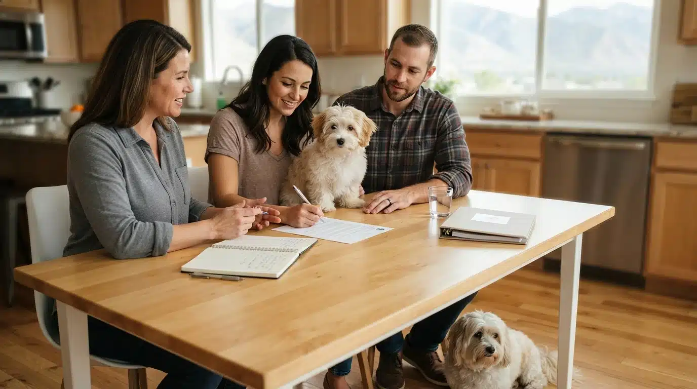 Family signs puppy purchase contract at kitchen table