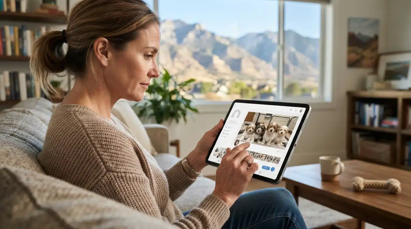 Breeder reviews Havanese litter listing on a tablet