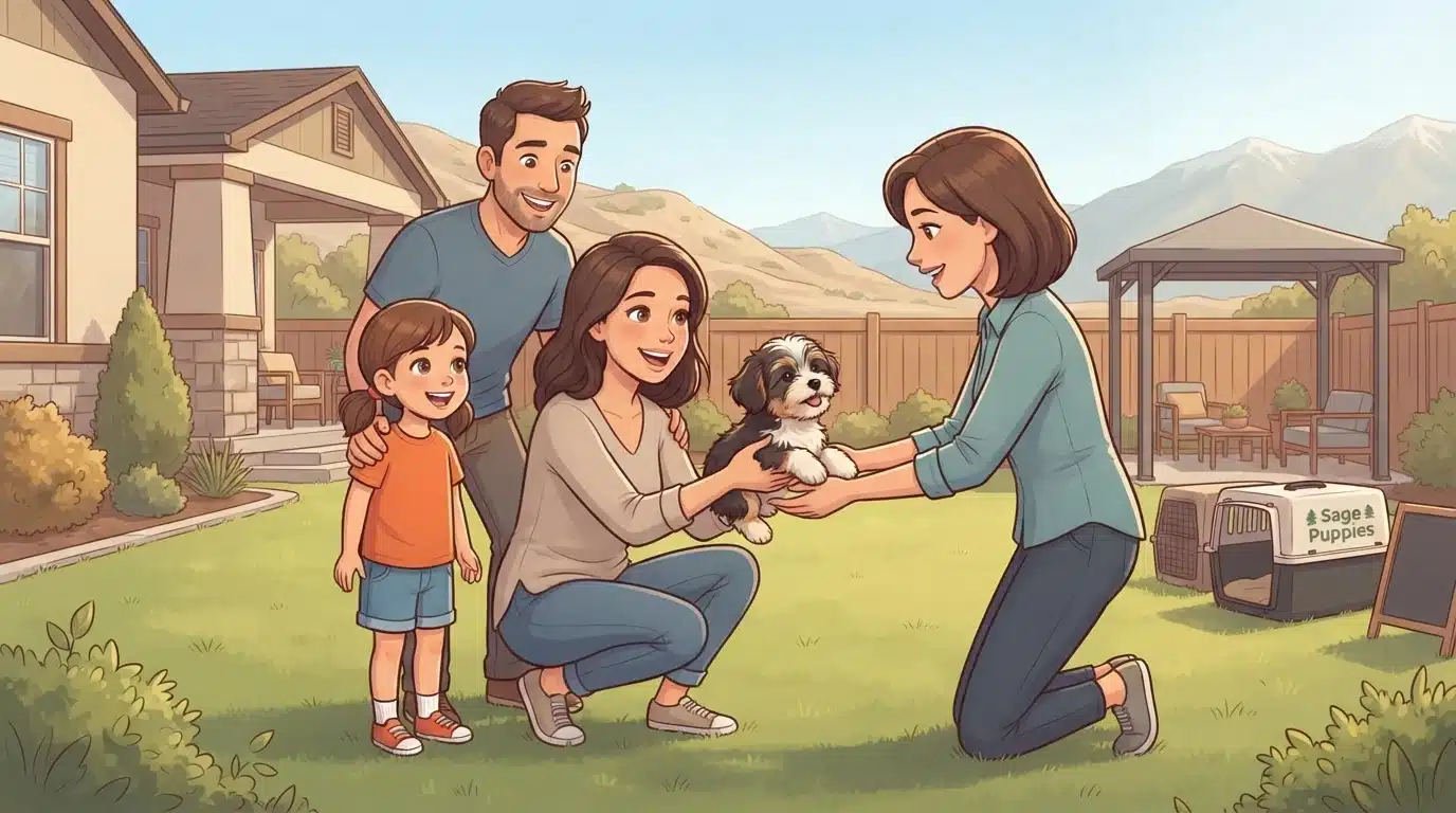 Family greeting a fluffy puppy in a sunny backyard