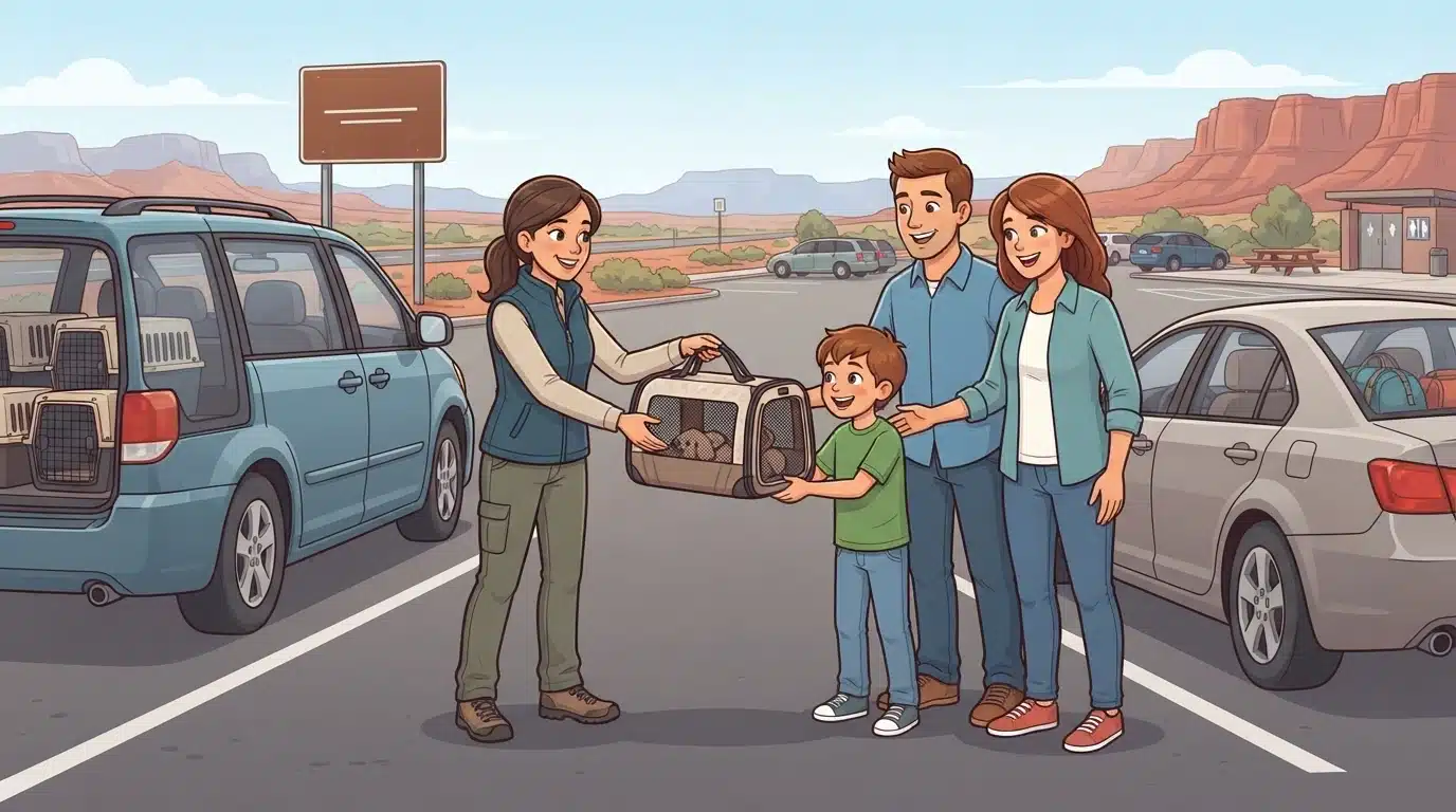 Breeder and family exchange puppy carrier at highway rest stop