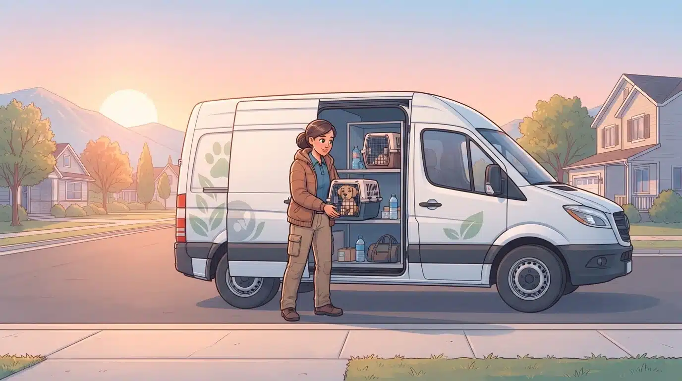 Transporter loading a puppy crate into a van at sunrise