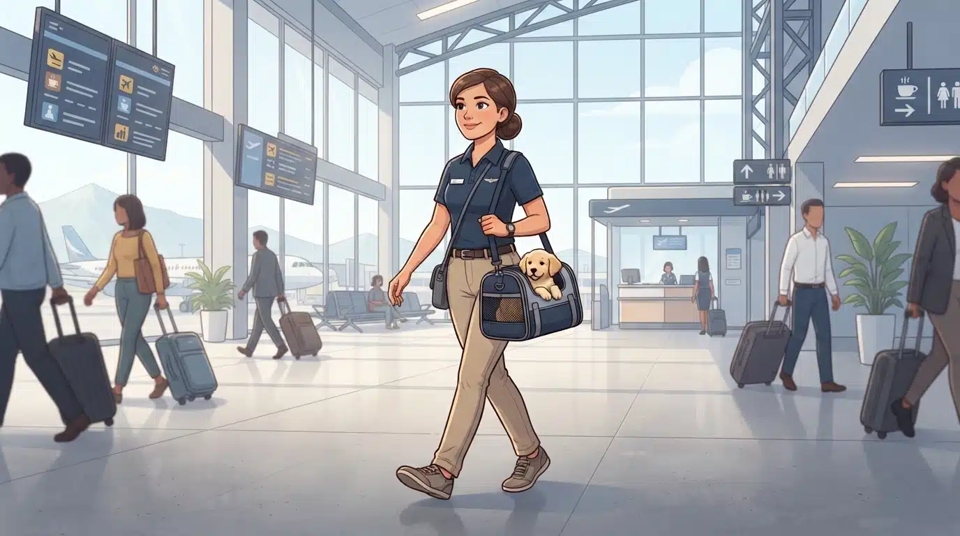 Flight nanny carrying puppy through airport terminal