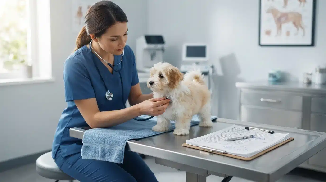 Veterinarian examining a fluffy Havanese puppy
