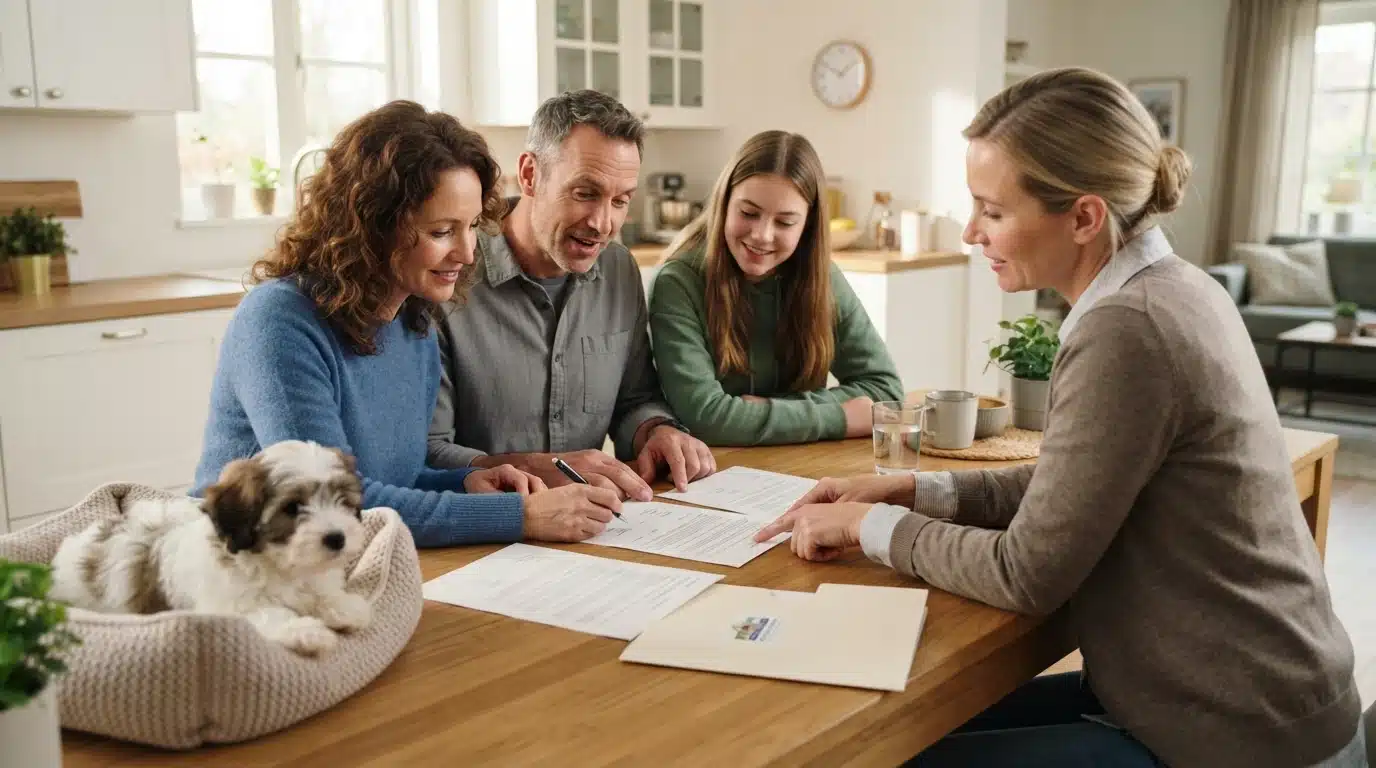 Family signs puppy adoption documents at kitchen table